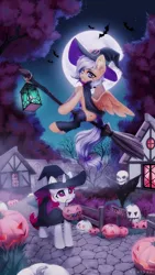 Size: 1706x3034 | Tagged: safe, artist:inowiseei, derpibooru import, oc, unofficial characters only, bat, pegasus, pony, unicorn, broom, female, fence, flying, flying broomstick, halloween, hat, holiday, house, image, jack-o-lantern, lantern, mare, moon, night, png, pumpkin, pumpkin bucket, sign, skull, witch hat