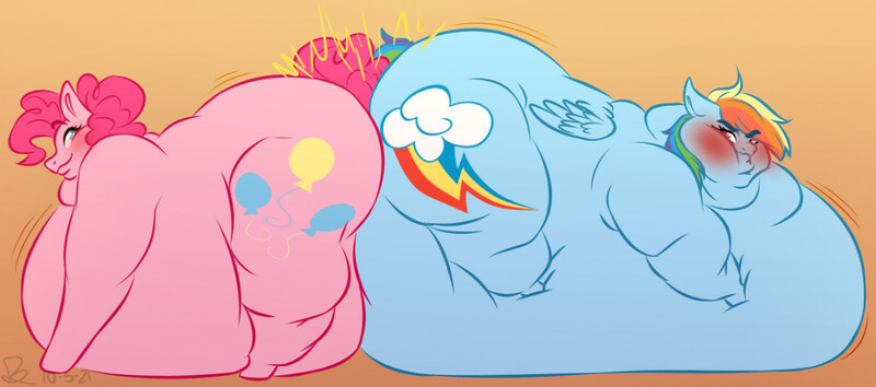 Size: 1280x567 | Tagged: questionable, artist:butterball451, derpibooru import, pinkie pie, rainbow dash, earth pony, pegasus, pony, backwards cutie mark, belly, big belly, blushing, butt bump, chubby cheeks, duo, duo female, fat, fat fetish, female, fetish, gradient background, huge belly, image, immobile, impossibly large belly, jpeg, mare, morbidly obese, multichin, obese, piggy pie, pudgy pie, rainblob dash, rolls of fat, smiling