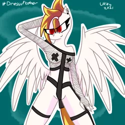 Size: 1280x1280 | Tagged: suggestive, artist:ukedideka, derpibooru import, oc, oc:lumen afterglow, unofficial characters only, anthro, pegasus, ear piercing, eye clipping through hair, fishnet clothing, image, pegasus oc, piercing, png, revealing clothing, simple background, smiling, solo, spread wings, standing, wings