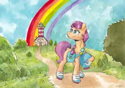 Size: 6782x4796 | Tagged: safe, artist:lightisanasshole, derpibooru import, sunny starscout, earth pony, bag, blushing, bush, button, buttons, chest fluff, ear fluff, female, field, g5, grass, grass field, helmet, hill, image, jpeg, lighthouse, looking back, looking up, neck fluff, rainbow, road, roller skates, sky, solo, solo female, traditional art, tree, watercolor painting