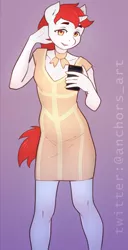 Size: 2500x4898 | Tagged: safe, artist:oneofyouare, derpibooru import, oc, oc:silver bubbles, unofficial characters only, anthro, adjusting hair, bandage dress, bodycon, choker, clavicle, clothes, crossdressing, dress, image, male, phone, png, tight clothing, unicon