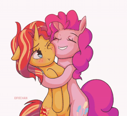 Size: 1200x1102 | Tagged: safe, artist:katakiuchi4u, derpibooru import, pinkie pie, sunset shimmer, earth pony, pony, unicorn, animated, bipedal, blushing, cheek squish, cheek to cheek, curved horn, duo, duo female, eyebrows, eyebrows visible through hair, eyes closed, female, floppy ears, freckles, gif, horn, hug, image, lesbian, mare, one eye closed, ponytober, shipping, simple background, smiling, squishy cheeks, sunsetpie