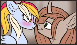 Size: 1316x780 | Tagged: safe, artist:colourwave, derpibooru import, oc, oc:caelicus dawnus, oc:colourwave, unofficial characters only, alicorn, pegasus, pony, alicorn oc, blushing, chin fluff, embarrassed, eye contact, female, floppy ears, horn, image, infatuation, looking at each other, male, mare, multicolored hair, pegasus oc, png, ponytail, shipping, smiling, stallion, wings