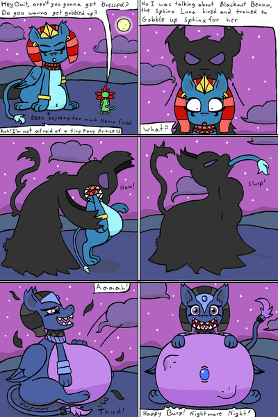 Size: 1280x1920 | Tagged: safe, artist:eternaljonathan, derpibooru import, oc, sphinx, belly, comic, digital art, image, jpeg, nightmare night, sphinx oc, vore