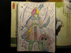 Size: 2828x2121 | Tagged: safe, artist:piplupstarscommander, derpibooru import, oc, oc:calamity, oc:sugar cookie, alicorn, human, fallout equestria, alicorn oc, calamity, horn, image, jpeg, looking up, sword, traditional art, weapon, wings