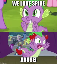 Size: 500x560 | Tagged: safe, derpibooru import, pinkie pie, spike, twilight sparkle, twilight sparkle (alicorn), alicorn, dragon, pony, horse play, it ain't easy being breezies, abuse, bait and switch, female, food, funny, image, jpeg, male, op is a duck, op is trying to start shit, op isn't even trying anymore, solo focus, spikeabuse, stage, tomato, tomatoes