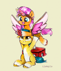Size: 509x600 | Tagged: safe, artist:liaaqila, artist:szafir87, derpibooru import, hitch trailblazer, sunny starscout, earth pony, pony, my little pony: a new generation, animated, colt hitch trailblazer, cute, fake horn, fake wings, female, filly, filly sunny starscout, g5, gif, happy, hitchbetes, image, open mouth, smiling, stool, sunnybetes, weapons-grade cute