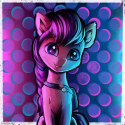 Size: 4000x4000 | Tagged: safe, artist:adagiostring, derpibooru import, sunny starscout, earth pony, pony, my little pony: a new generation, spoiler:my little pony: a new generation, abstract background, bust, cannon, commission, cute, female, furry, g5, gradient background, image, looking at you, mare, new cast, new generation, new ponys, png, portrait, smiling, solo