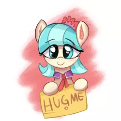 Size: 1219x1219 | Tagged: safe, artist:kqaii, derpibooru import, coco pommel, earth pony, pony, bronybait, cocobetes, cute, female, hug request, image, jpeg, mare, sign, solo
