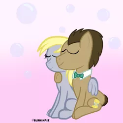 Size: 3600x3600 | Tagged: safe, artist:blinkshake, derpibooru import, derpy hooves, doctor whooves, time turner, earth pony, pegasus, pony, brown mane, doctorderpy, eyes closed, female, g4, high res, holding, hug, image, male, mare, png, shipping, sitting, smiling, snuggling, stallion, straight, winghug, wings, yellow mane