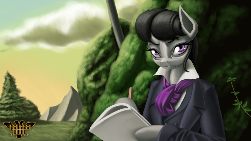 Size: 7680x4320 | Tagged: safe, artist:tsaritsaluna, derpibooru import, octavia melody, earth pony, pony, bush, clothes, cloud, female, fine art parody, frown, image, looking at you, ludwig van beethoven, mare, mountain, necktie, paper, pencil, png, solo, suit, tree