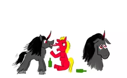 Size: 1280x788 | Tagged: safe, artist:horsesplease, derpibooru import, king sombra, sprout cloverleaf, unicorn, angry, behaving like a dog, bottle, crying, doodle, drunk, g5, image, jpeg, licking, punishment, puppy dog eyes, rejected, sad, sad sprout, sombra dog, sombrabuse, sprout gets what's coming to him, sprout is a goddamn moron, sproutbuse, tail, tail wag, tongue out