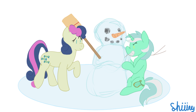 Size: 1280x731 | Tagged: safe, artist:shiiiny, derpibooru import, bon bon, lyra heartstrings, sweetie drops, earth pony, pony, broom, carrot, concerned, duo, duo female, evil grin, female, food, grin, image, lesbian, lyrabon, mare, png, shipping, simple background, smiling, snow, snowman, transparent background, winter