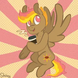 Size: 2000x2000 | Tagged: safe, artist:shiiiny, derpibooru import, oc, oc:mocha sunrise, pegasus, pony, brown fur, coffee, cutie mark, female, floating, flying, image, looking up, mare, pink eyes, png, screentone, smiling, solo, steam