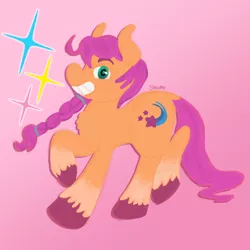 Size: 1000x1000 | Tagged: safe, artist:shiiiny, derpibooru import, sunny starscout, earth pony, pony, my little pony: a new generation, spoiler:my little pony: a new generation, braid, chest fluff, coat markings, cute, cutie mark, dock, eyebrows, female, g5, gradient background, green eyes, hair tie, hooves, image, looking at you, mare, png, smiling, socks (coat marking), solo, sparkles, sunnybetes, tail, unshorn fetlocks