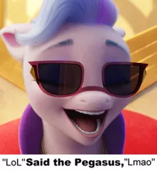 Size: 729x797 | Tagged: safe, derpibooru import, edit, edited screencap, screencap, queen haven, pegasus, pony, my little pony: a new generation, spoiler:my little pony: a new generation, g5, image, jpeg, laughing, lmao, lol, sunglasses