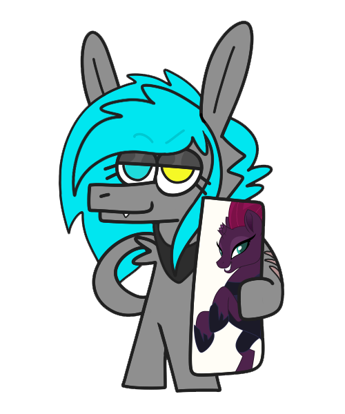 Size: 500x600 | Tagged: safe, artist:vommutt, derpibooru import, fizzlepop berrytwist, tempest shadow, oc, oc:sorajona, oc:sorajona darkwing, pegasus, pony, body pillow, chibi, derp, grey fur, grin, heterochromia, image, joke, long ears, meme, neckerchief, png, scene hair, simple background, smiling, smirk, solo, transparent background