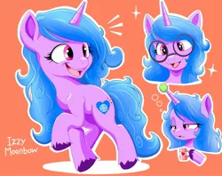 Size: 2048x1622 | Tagged: safe, artist:zebra10045, derpibooru import, izzy moonbow, unicorn, my little pony: a new generation, spoiler:my little pony: a new generation, ball, cute, g5, glasses, image, izzy's tennis ball, izzybetes, jpeg, open mouth, orange background, raised hoof, simple background, tennis ball