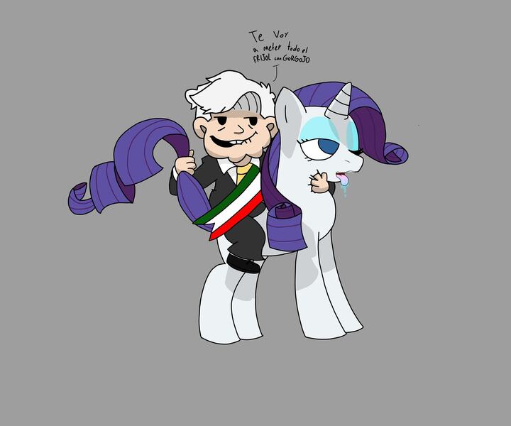 Size: 2048x1707 | Tagged: questionable, artist:romi bunn, derpibooru import, rarity, unicorn, amlo, dialogue, image, jpeg, simple background, spanish text, why, ñ