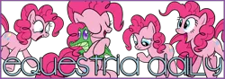 Size: 1000x350 | Tagged: safe, derpibooru import, gummy, pinkie pie, alligator, earth pony, pony, equestria daily, banner, black outlines, eyes closed, female, hug, image, jumping, male, multeity, open mouth, pinkie pie day, png, simple background, transparent background