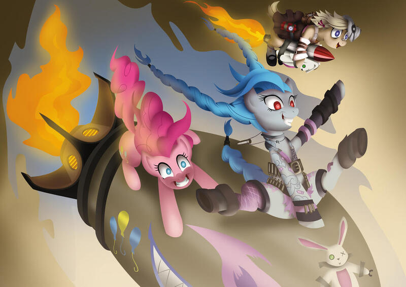 Size: 1024x724 | Tagged: safe, artist:megablack0x, derpibooru import, pinkie pie, ponified, pony, borderlands 2, image, jinx (league of legends), jpeg, league of legends, missile, riding a bomb, tiny tina