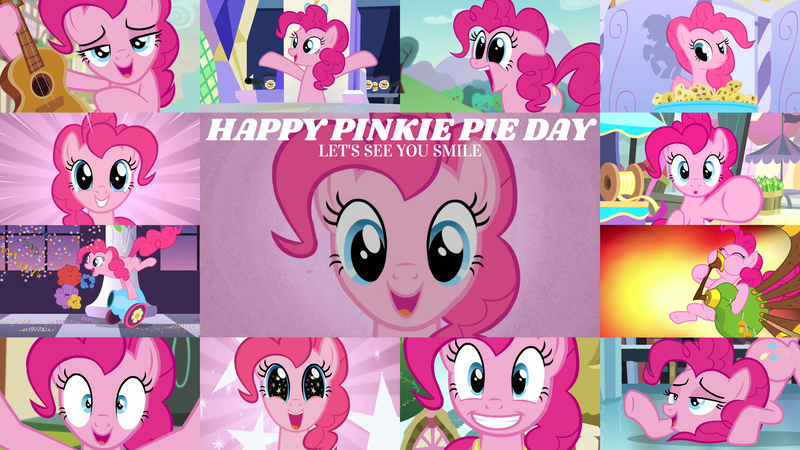 Size: 4350x2449 | Tagged: safe, derpibooru import, edit, edited screencap, editor:quoterific, screencap, pinkie pie, a friend in deed, bats!, green isn't your color, honest apple, make new friends but keep discord, pinkie pride, sweet and elite, the crystalling, the last laugh, the mane attraction, the ticket master, too many pinkie pies, yakity-sax, image, musical instrument, party cannon, pinkie pie day, png, solo, ukulele, yovidaphone