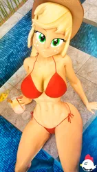 Size: 1080x1920 | Tagged: suggestive, artist:hentype, derpibooru import, applejack, human, equestria girls, 3d, abs, barefoot, bedroom eyes, belly button, big breasts, bikini, breasts, busty applejack, clothes, drink, feet, female, image, jpeg, looking at you, looking up, looking up at you, poolside, sexy, side-tie bikini, solo, solo female, source filmmaker, swimsuit
