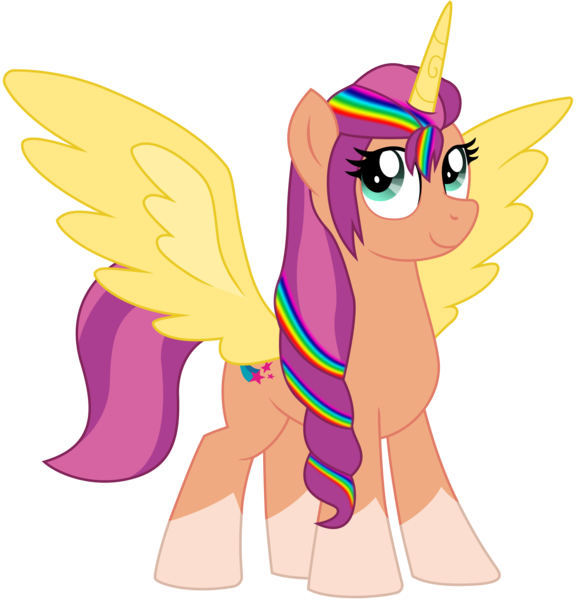 Size: 6938x7152 | Tagged: safe, alternate version, artist:ejlightning007arts, derpibooru import, sunny starscout, alicorn, pony, my little pony: a new generation, spoiler:g5, alicornified, alternate hairstyle, female, g5, g5 to g4, image, looking up, mare, png, ponytail, princess sunny starscout, simple background, spread wings, sunnycorn, transparent background, vector, wings