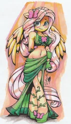 Size: 1024x1785 | Tagged: safe, artist:shadowhawx, derpibooru import, fluttershy, anthro, pegasus, blushing, clothes, dress, floppy ears, gala dress, image, jpeg, looking at you, midriff, smiling, solo, traditional art