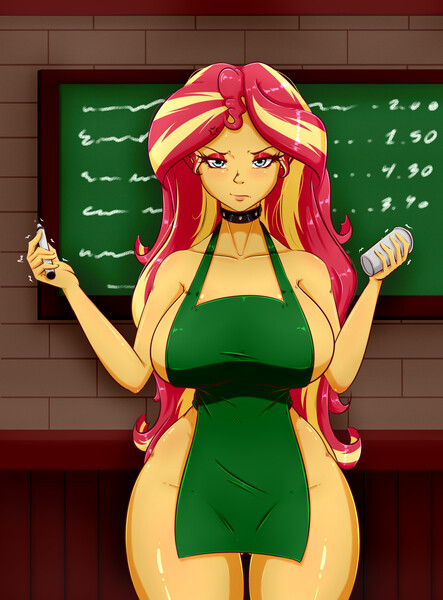 Size: 1700x2300 | Tagged: questionable, artist:albertbm, derpibooru import, sunset shimmer, equestria girls, big breasts, breasts, busty sunset shimmer, iced latte with breast milk, image, jpeg, meme, not amused face, partial nudity, starbucks