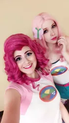 Size: 540x960 | Tagged: safe, artist:littlemissbloo, artist:sarahndipity cosplay, derpibooru import, fluttershy, pinkie pie, human, equestria girls, legend of everfree, clothes, cosplay, costume, image, irl, irl human, jpeg, photo