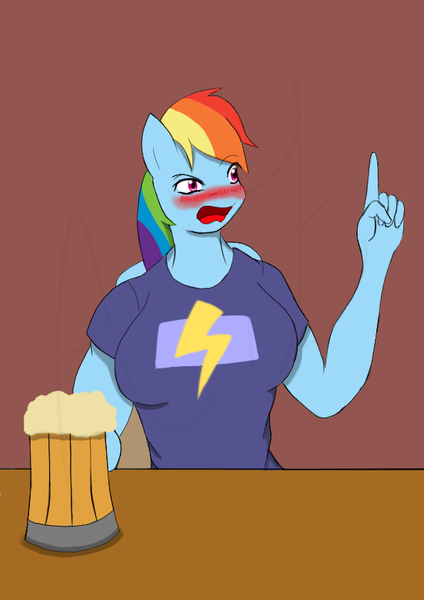 Size: 595x842 | Tagged: safe, artist:afhybrid, derpibooru import, rainbow dash, anthro, pegasus, breasts, cider, cider mug, clothes, drunk, drunker dash, image, jpeg, mug, red face, shirt, solo, t-shirt