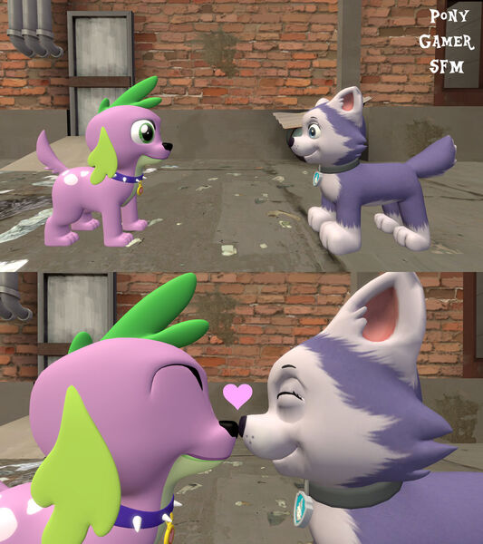 Size: 1280x1440 | Tagged: safe, artist:ponygamer2020, artist:ponygamersfm, derpibooru import, spike, spike the regular dog, dog, equestria girls, 3d, blushing, bonding, boop, collar, crossover, crossover shipping, cute, everest (paw patrol), eye contact, eyes closed, female, heart, image, jpeg, kissing, looking at each other, love, male, nose wrinkle, noseboop, nuzzling, paw patrol, paws, puppy, shipping, smiling, source filmmaker, spikabetes, spike the dog, spike's dog collar, spikerest, straight, tail