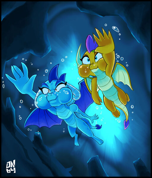 Size: 1920x2245 | Tagged: safe, artist:darkneon-64, derpibooru import, princess ember, smolder, dragon, bubble, cave, commission, female, holding breath, image, jpeg, looking up, puffy cheeks, signature, swimming, underwater, water, wings