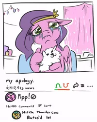 Size: 460x574 | Tagged: safe, artist:jargon scott, derpibooru import, cloudpuff, hitch trailblazer, pipp petals, dog, pegasus, pomeranian, pony, apology, apology video, crying, female, floppy ears, g5, holding a dog, image, jpeg, looking at you, mare, runny nose, wavy mouth, youtube