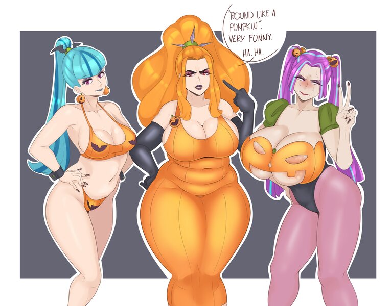 Size: 3376x2648 | Tagged: questionable, artist:sundown, derpibooru import, adagio dazzle, aria blaze, sonata dusk, human, adagio wobble, areola, areola slip, belly button, big areola, big breasts, bikini, blushing, breasts, busty adagio dazzle, busty aria blaze, busty dazzlings, busty sonata dusk, chubby, cleavage, clothes, dress, ear piercing, earring, evening gloves, eyeshadow, female, females only, gloves, halloween, hand on hip, holiday, huge breasts, humanized, image, jewelry, jpeg, lipstick, long gloves, looking away, makeup, peace sign, piercing, sweat, swimsuit, talking to viewer, the dazzlings, thighs, thunder thighs, trio, trio female, wide hips, wristband