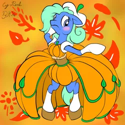 Size: 4096x4096 | Tagged: safe, artist:dashingjack, derpibooru import, oc, oc:brainstorm, earth pony, pony, bipedal, blushing, clothes, crossdressing, dress, gown, image, png, pumpkin