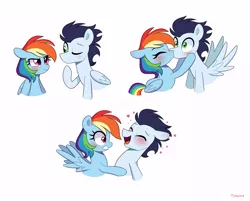 Size: 3600x2900 | Tagged: safe, artist:darkynez, derpibooru import, rainbow dash, soarin', pegasus, pony, blushing, eyes closed, female, frown, heart, high res, image, kissing, male, mare, one eye closed, open mouth, open smile, png, shipping, simple background, smiling, soarindash, spread wings, straight, tsunderainbow, tsundere, white background, wings