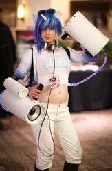 Size: 626x960 | Tagged: safe, artist:littlemissbloo, derpibooru import, vinyl scratch, human, belly button, clothes, cosplay, costume, headphones, image, irl, irl human, jpeg, photo