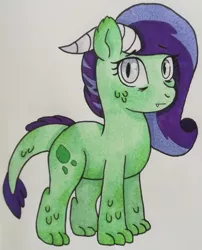 Size: 1280x1586 | Tagged: safe, artist:matbenetti17, derpibooru import, oc, oc:nephrite drop, unofficial characters only, dracony, hybrid, pony, fangs, female, filly, horns, image, interspecies offspring, jpeg, offspring, parent:rarity, parent:spike, parents:sparity, slit pupils, solo, traditional art
