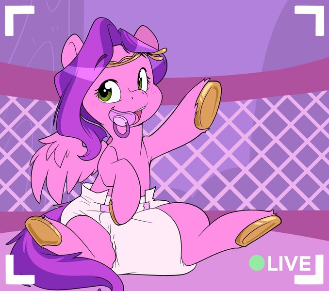 Size: 2048x1812 | Tagged: suggestive, artist:cuddlehooves, derpibooru import, pipp petals, pegasus, pony, adult foal, blushing, camera shot, cuddlehooves is trying to murder us, diaper, diaper fetish, fetish, g5, image, jpeg, livestream, open mouth, open smile, pacifier, playpen, poofy diaper, smiling, streaming