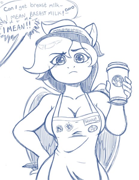 Size: 2550x3300 | Tagged: suggestive, artist:latecustomer, derpibooru import, oc, oc:vanilla creame, unofficial characters only, anthro, pegasus, apron, breasts, clothes, coffee cup, commission, cup, dialogue, digital art, female, holding, iced latte with breast milk, image, jpeg, looking at you, meme, monochrome, naked apron, simple background, sketch, solo, speech bubble, talking, text, thighs, unamused, white background, wide hips, wings