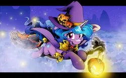 Size: 1024x635 | Tagged: safe, artist:dormin-dim, derpibooru import, izzy moonbow, unicorn, broom, clothes, commission, costume, flying, flying broomstick, g5, halloween, halloween costume, hat, holiday, image, jpeg, nightmare night, solo, witch, witch hat, ych result