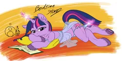 Size: 1500x755 | Tagged: suggestive, alternate version, artist:sepiakeys, derpibooru import, twilight sparkle, pony, babydoll, bedroom eyes, book, clothes, female, image, lying down, magic, nightgown, panties, png, prone, solo, solo female, underwear