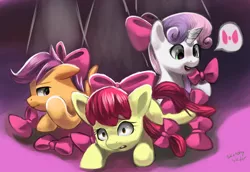 Size: 1276x876 | Tagged: safe, artist:moonseeker, derpibooru import, apple bloom, scootaloo, sweetie belle, earth pony, pegasus, pony, unicorn, bow, cutie mark crusaders, female, filly, image, png