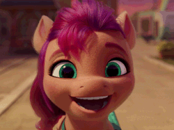 Size: 734x550 | Tagged: safe, derpibooru import, edit, edited screencap, screencap, sunny starscout, earth pony, pony, my little pony: a new generation, spoiler:my little pony: a new generation, animated, cropped, excited, female, g5, gif, image, looking at you, mare, maretime bay, running, smiling, solo
