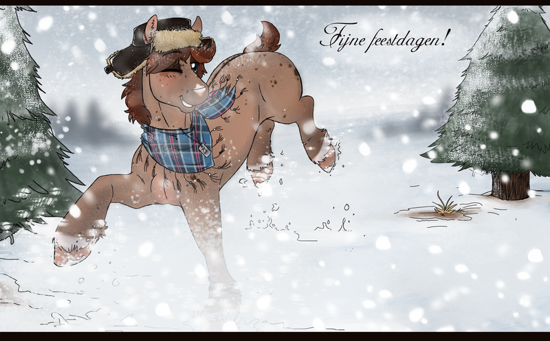 Size: 3549x2207 | Tagged: safe, artist:romyvdhel-art, derpibooru import, oc, unofficial characters only, earth pony, pony, clothes, earth pony oc, hat, image, one eye closed, outdoors, png, scarf, snow, tree, wink