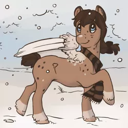Size: 500x500 | Tagged: safe, artist:romyvdhel-art, derpibooru import, oc, unofficial characters only, pegasus, pony, clothes, image, looking back, pegasus oc, png, raised hoof, scarf, smiling, snow, solo, wings