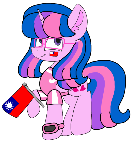 Size: 1004x1080 | Tagged: safe, artist:徐詩珮, derpibooru import, oc, oc:hsu amity, unofficial characters only, alicorn, pony, alicorn oc, female, flag, folded wings, glasses, horn, image, looking at you, mare, multicolored mane, multicolored tail, png, purple eyes, raised hoof, simple background, smiling, solo, standing, tail, taiwan, transparent background, wings