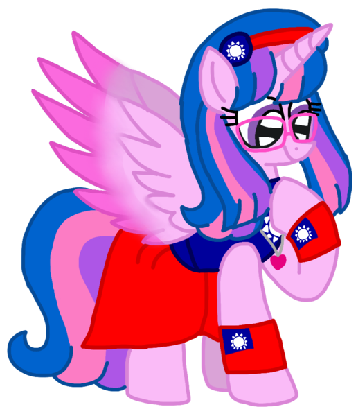 Size: 931x1080 | Tagged: safe, artist:徐詩珮, derpibooru import, oc, oc:hsu amity, unofficial characters only, alicorn, pony, clothes, dress, glasses, image, png, solo, spread wings, taiwan, wings